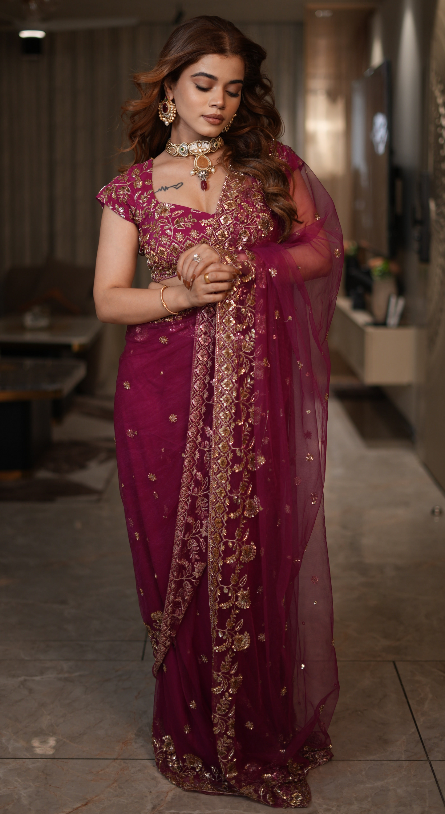 Blossom Magenta Pre-Draped Saree