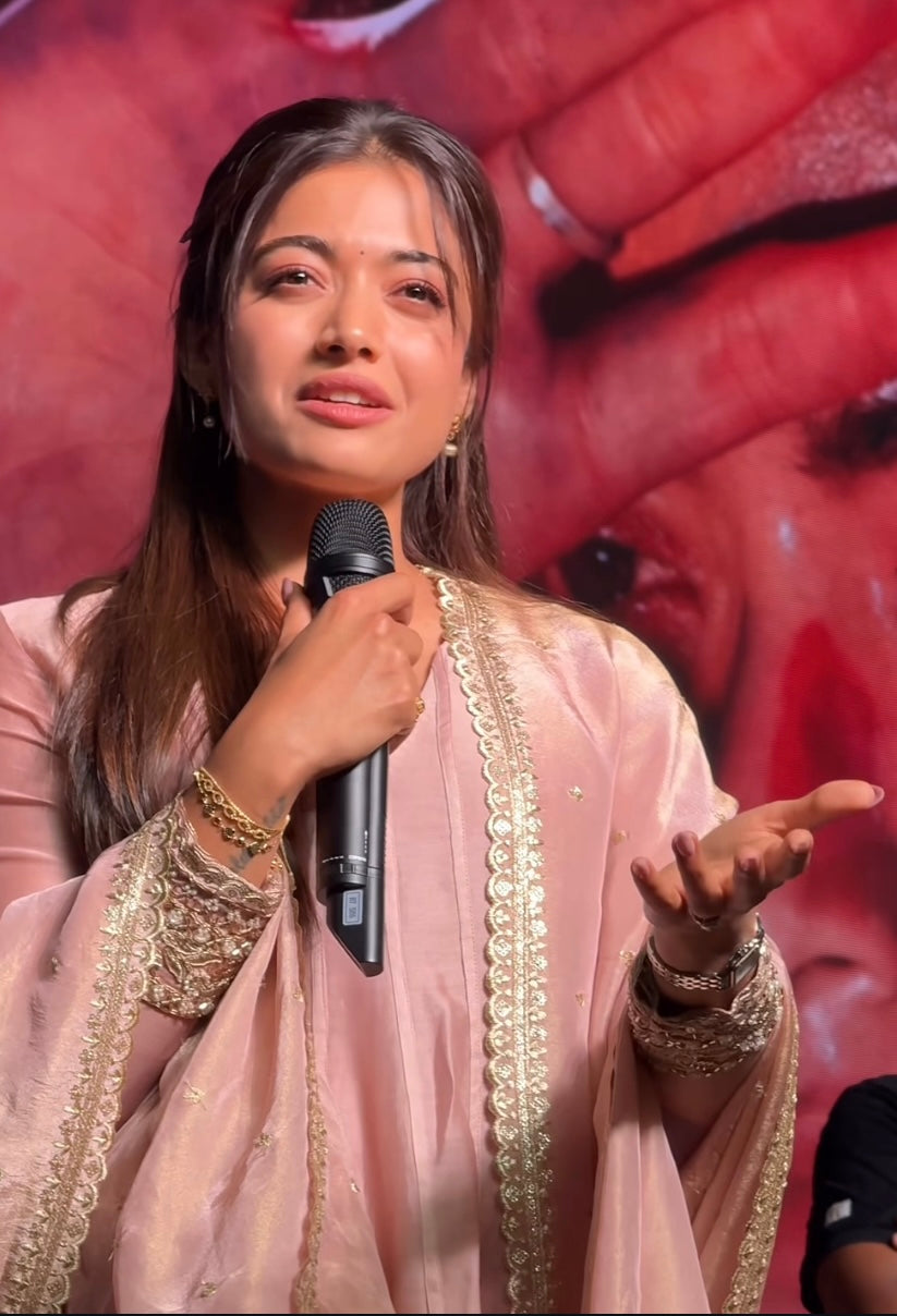 Rashmika Mandanna wearing Divya Samal’s Sakura Anarkali set in chanderi for the success party of her film ‘the Girlfriend’