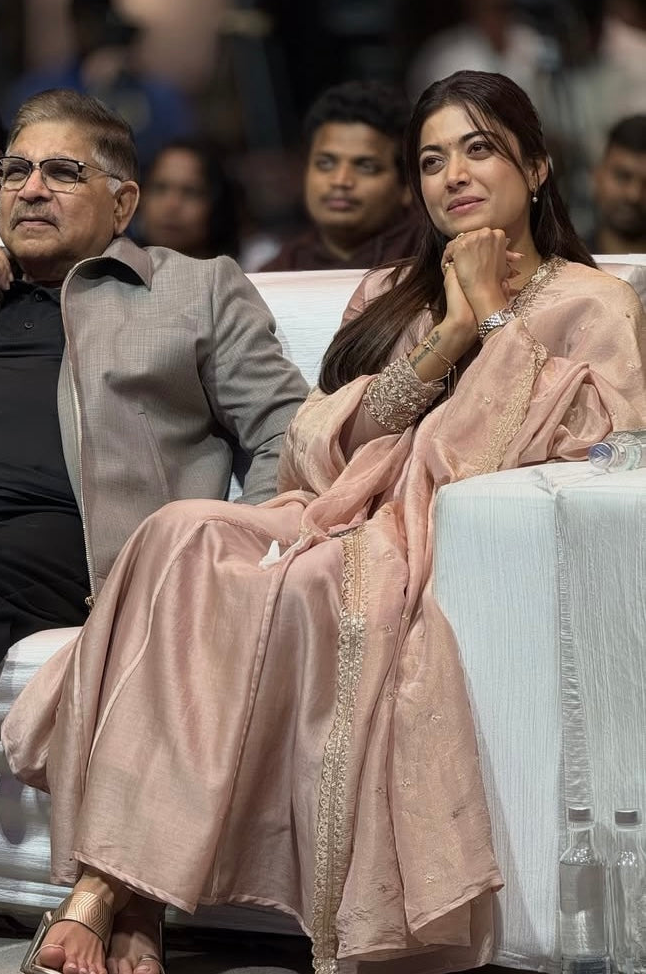 Rashmika Mandanna wearing Divya Samal’s Sakura Anarkali set in chanderi for the success party of her film ‘the Girlfriend’